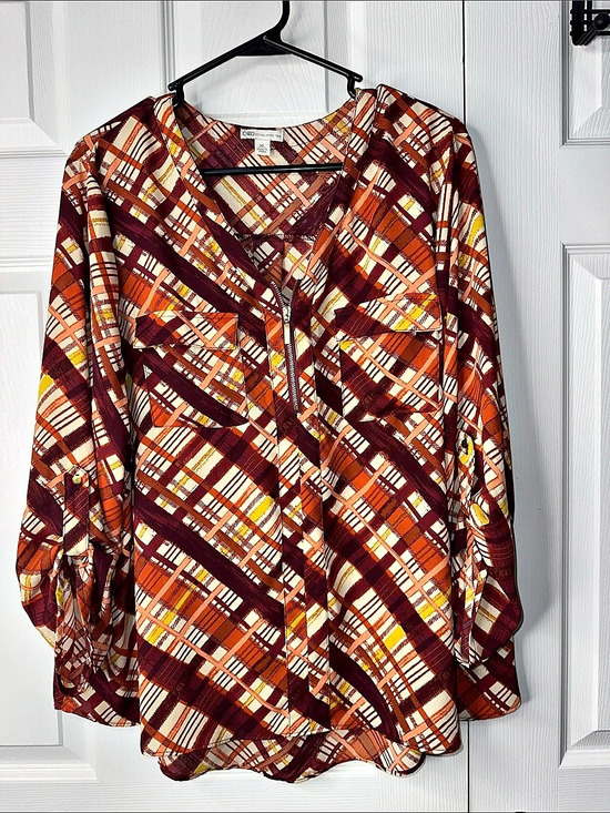 Cato Tops - Cato Plaid 1/4 Zip Front Blouse in Orange & Brown Size XL